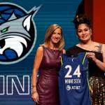 Utahs Alissa Pili, right, poses for a photo with WNBA commissioner Cathy Engelbert after being selected eighth overall by the Minnesota Lynx during the first round of the WNBA basketball draft on Monday in New York. (AP Photo/Adam Hunger)