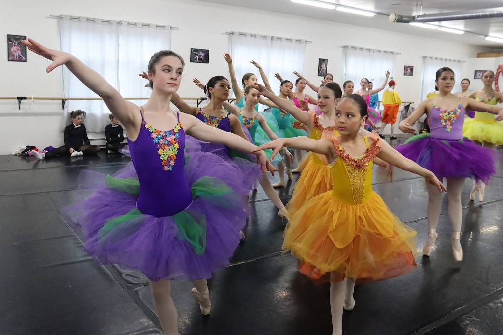 About 60 students of all ages, some playing multiple characters, are part of Juneau Dance Theatres production of Alice in Wonderland, which will be staged at Juneau-Douglas High School: Yadaa.at Kalé for three days starting Friday. (Mark Sabbatini / Juneau Empire)