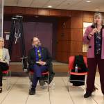 Rep. Sara Hannan (right) offers an overview of this years legislative session to date as Rep. Andi Story and Sen. Jesse Kiehl listen during a town hall by Juneaus delegation on Thursday evening at Juneau-Douglas High School: Yadaa.at Kalé. (Mark Sabbatini / Juneau Empire)