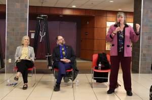 Rep. Sara Hannan (right) offers an overview of this years legislative session to date as Rep. Andi Story and Sen. Jesse Kiehl listen during a town hall by Juneaus delegation on Thursday evening at Juneau-Douglas High School: Yadaa.at Kalé. (Mark Sabbatini / Juneau Empire)