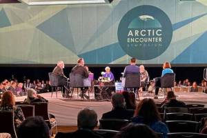 A panel on Northern Indigenous Leadership: Our Future, Our Vision for Success, is held at the Arctic Encounter Symposium on April 10 in Anchorage. (Joaqlin Estus/ICT)