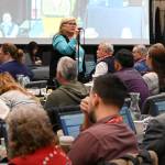 Jacqueline Pata, first vice president of the Central Council of the Tlingit and Haida Indian Tribes of Alaska, addresses delegates during the 89th Annual Tribal Assembly on Thursday at Elizabeth Peratrovich Hall. (Muriel Reid / Central Council of Tlingit and Haida Indian Tribes of Alaska)
