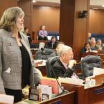 Rep. Sara Hannan, a Juneau Democrat, argues in favor of rejecting Gov. Mike Dunleavys executive order giving him full control of the Alaska Marine Highway Operations Board during a joint session of the Alaska Legislature on March 12. (Mark Sabbatini / Juneau Empire file photo)