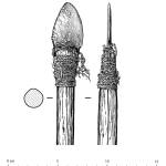 An illustration shows details of a lance with a stone point held in place with a wrap of caribou sinew. The lance was found in a cave on the Seward Peninsula. (Illustration by Eric Carlson, courtesy of Jeff Rasic, National Park Service)