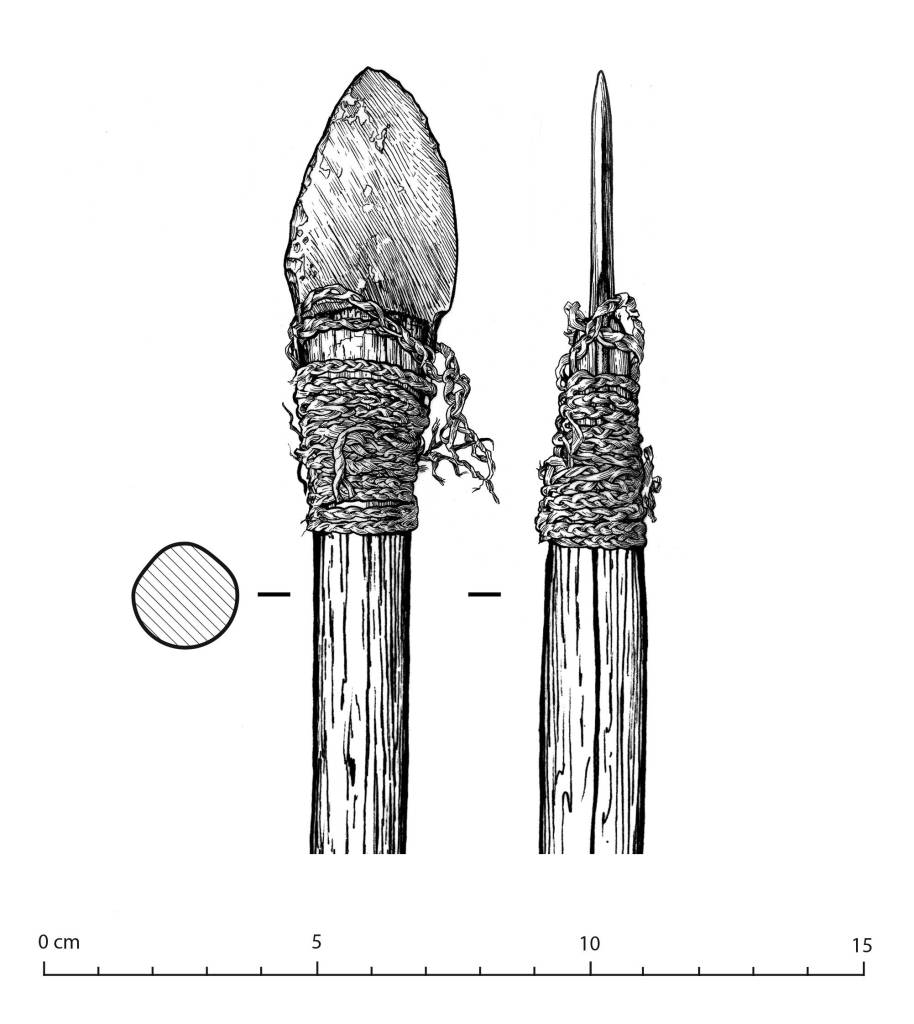 An illustration shows details of a lance with a stone point held in place with a wrap of caribou sinew. The lance was found in a cave on the Seward Peninsula. (Illustration by Eric Carlson, courtesy of Jeff Rasic, National Park Service)