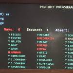 A vote board in the House chambers shows overwhelming support Friday for a bill requiring age limits for pornographic websites and banning people under 14 from having social media accounts. (Mark Sabbatini / Juneau Empire)