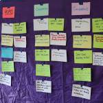 Notes by Juneau Board of Education members summarizing their hopes, celebrations and concerns are shown on a display board following a self-assessment retreat Saturday at Dzantiki Heeni Middle School. (Mark Sabbatini / Juneau Empire)
