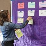 Juneau Board of Education member Elizabeth Siddon places her notes for hopes, celebration and concern on a display during the boards self-assessment retreat Saturday at Dzantiki Heeni Middle School. (Mark Sabbatini / Juneau Empire)