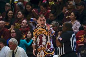 Mt. Edgecumbe High School coach Archie Young talks to an official during the Braves 63-61 loss to Nome in the 2024 ASAA March Madness Alaska 3A Boys Basketball State Championship game at Anchorages Alaska Airlines Center. (Photo by Klas Stolpe)