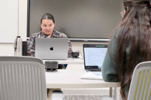 Xunei Lance Twitchell teaches an advanced Tlingít course at University of Alaska Southeast on Monday. (Claire Stremple/Alaska Beacon)