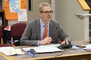 Juneau School District Superintendent Frank Hauser addresses the Board of Education during a meeting Dec. 12, 2023, at Juneau-Douglas High School: Yadaa.at Kalé. (Mark Sabbatini / Juneau Empire)