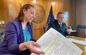 Deputy Attorney General Cori Mills explains the administrations understanding of a ruling that struck down key components of the states correspondence school program, in the Alaska State Capitol on Wednesday. (Claire Stremple/Alaska Beacon)