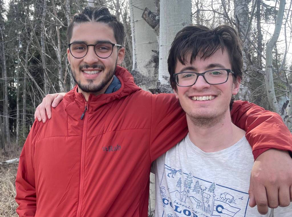 Roger Jaramillo, left, and Matthew Crisafi-Lurtsema pose on the UAF campus before heading to the shoulder of Denali, where they will sample for microplastics. (Photo by Ned Rozell)