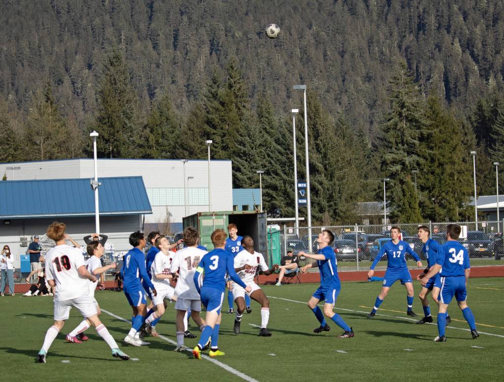 The Thunder Mountain High School and Juneau Douglas High School: Yadaa.at Kalé boys soccer teams face off Thursday at TMHS. (Photo by Tory Bennetsen)