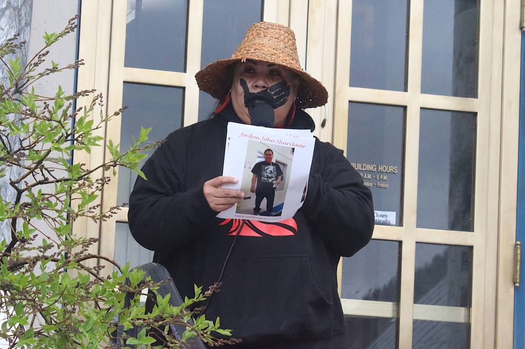 Jeni Brown, Juneau Community Navigator at The Central Council of the Tlingit and Haida Indian Tribes of Alaska, talks about missing and murdered family members during a rally in front of the Alaska State Capitol on Sunday to commemorate the annual Missing and Murdered Indigenous Persons Awareness Day. (Mark Sabbatini / Juneau Empire)