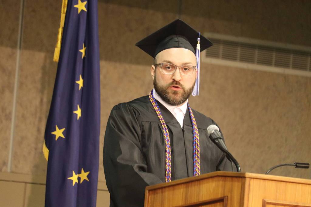 Devyn Reece offers the student commencement speech for the University of Alaskas class of 2024 during Sundays ceremony at the UAS Recreation Center. (Mark Sabbatini / Juneau Empire)