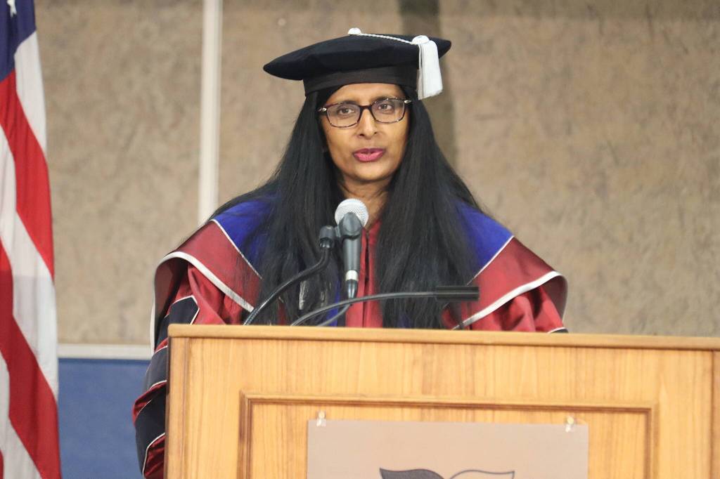 University of Alaska Chancellor Aparna Dileep-Nageswaran Palmer offers commencement remarks to graduating students during Sundays ceremony at the UAS Recreation Center. (Mark Sabbatini / Juneau Empire)