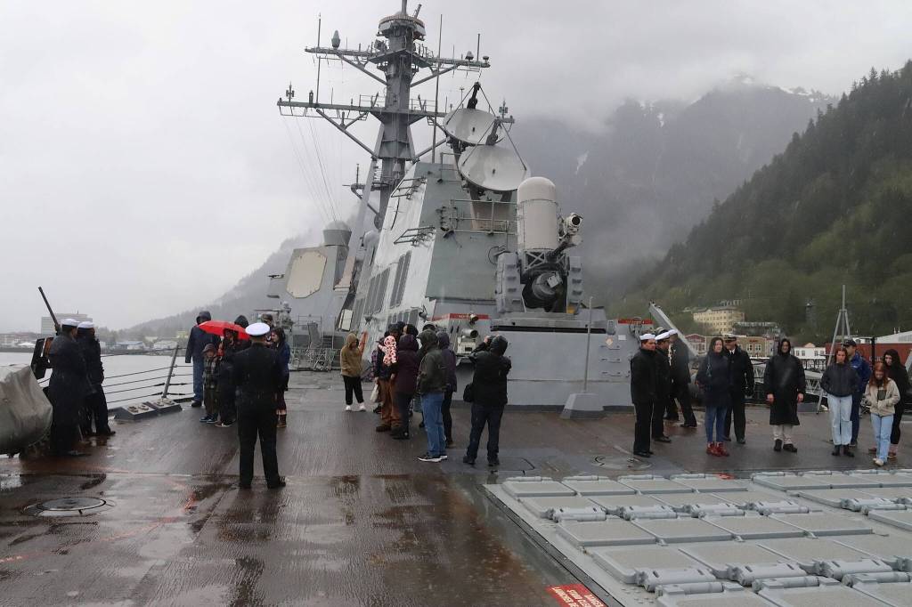 Tour groups are shown various weapons and defense systems aboard the USS William P. Lawrence during a tour in Juneau on Sunday. (Mark Sabbatini / Juneau Empire)