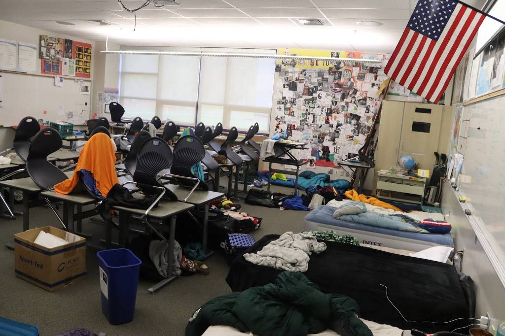 A classroom at Thunder Mountain High School serves as one of the sleeping areas for out-of-town students during the Capital Invitational Track and Field Meet on Saturday at TMHS. (Mark Sabbatini / Juneau Empire)(Mark Sabbatini / Juneau Empire)