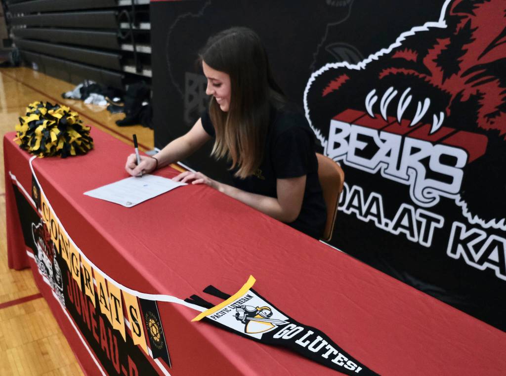 Juneau-Douglas High School: Yadaa.at Kalé senior Mila Hargrave signed a national letter of intent on Monday at the George Houston Gymnasium to attend Pacific Lutheran University and play softball for the Lutes. (Klas Stolpe / For the Juneau Empire)