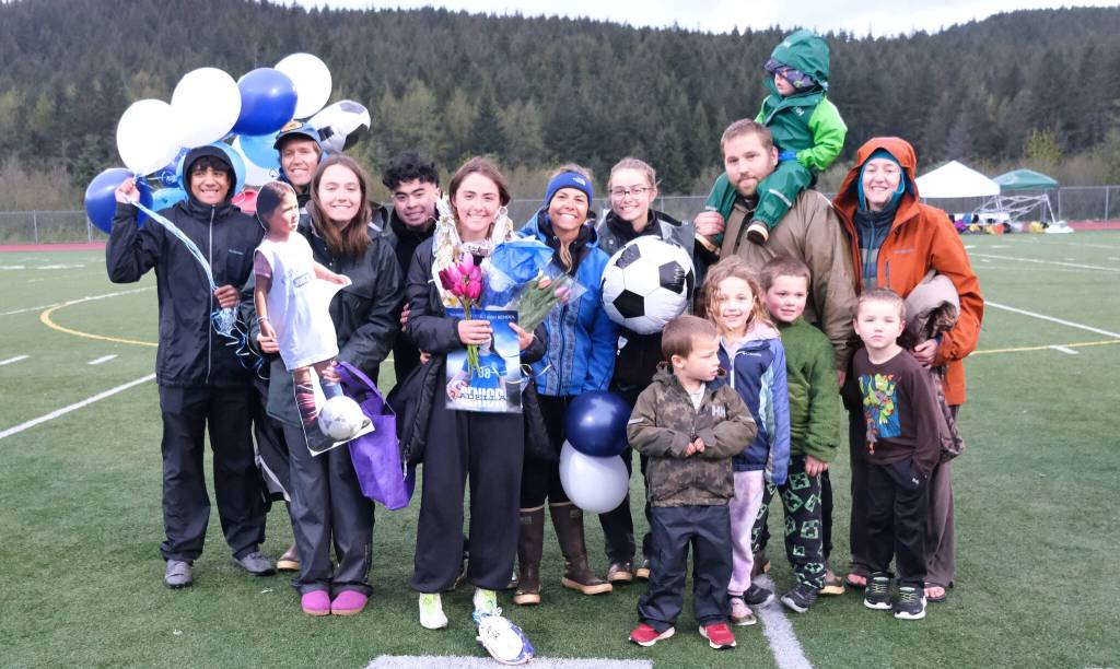 Thunder Mountain High School senior Adella Dihle and family and friends during the Falcons final home game Monday at Falcons Field. (Klas Stolpe / For the Juneau Empire)