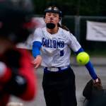 Thunder Mountain High School senior pitcher Ashlyn Gates delivers a pitch during the Falcons 10-9 win over the Juneau-Douglas High School: Yadaa.at Kalé Crimson Bears on Tuesday at Dimond Park Fields. (Klas Stolpe, For the Juneau Empire)