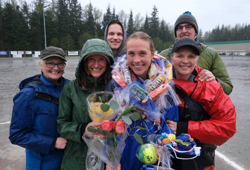 Thunder Mountain High School softball senior Ashlyn Gates and family and friends during Falcons senior appreciation Tuesday at Dimond Park Fields. (Klas Stolpe, For the Juneau Empire)