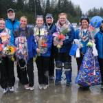 Thunder Mountain High School softball seniors and coaches during Falcons senior appreciation Tuesday at Dimond Park Fields. (Klas Stolpe, For the Juneau Empire)