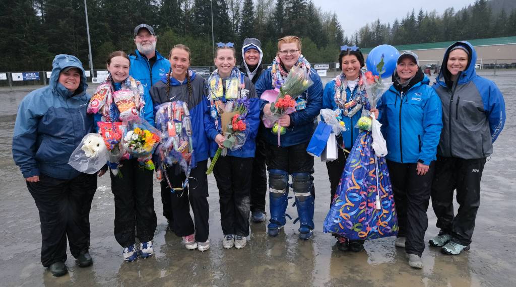 Thunder Mountain High School softball seniors and coaches during Falcons senior appreciation Tuesday at Dimond Park Fields. (Klas Stolpe, For the Juneau Empire)