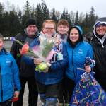 Thunder Mountain High School softball senior Kara Strong and family during Falcons senior appreciation Tuesday at Dimond Park Fields. (Klas Stolpe, for the Juneau Empire)