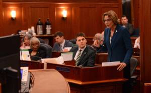 Sen. Cathy Giessel, R-Anchorage, speaks on a pension amendment Tuesday. (James Brooks/Alaska Beacon)