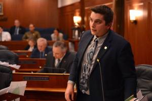 Rep. Justin Ruffridge, R-Soldotna, speaks Wednesday on the floor of the Alaska House. (James Brooks/Alaska Beacon)