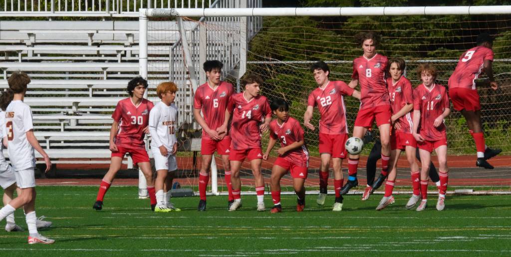 Juneau-Douglas High School: Yadaa.at Kalé players stop a Ketchikan penalty kick during the Crimson Bears 4-2 win over the Kings at the Adair Kennedy pitch on Friday. (Klas Stolpe / For the Juneau Empire)