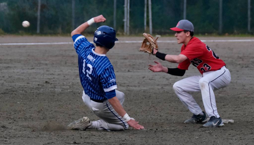 Thunder Mountain High Schools Liam Hart races a throw to Juneau-Douglas High School: Yadaa.at Kalé shortstop Brandon Casperson at second base. (Klas Stolpe / For the Juneau Empire)