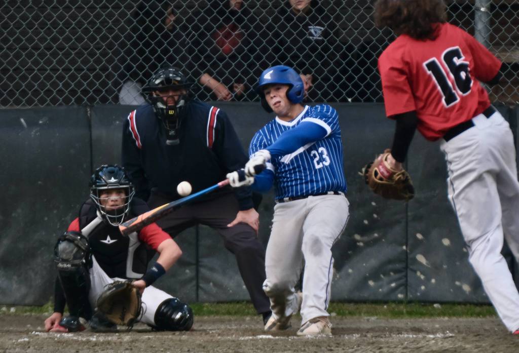 Thunder Mountain High Schools Anthony Andersen connects on a pitch. (Klas Stolpe / For the Juneau Empire)