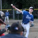 Thunder Mountain High School senior Kasen Ludeman delivers against a Juneau-Douglas High School: Yadaa.at Kalé batter during the Falcons 4-0 win over the Crimson Bears on Friday at Adair-Kennedy Field. (Klas Stolpe / For the Juneau Empire)