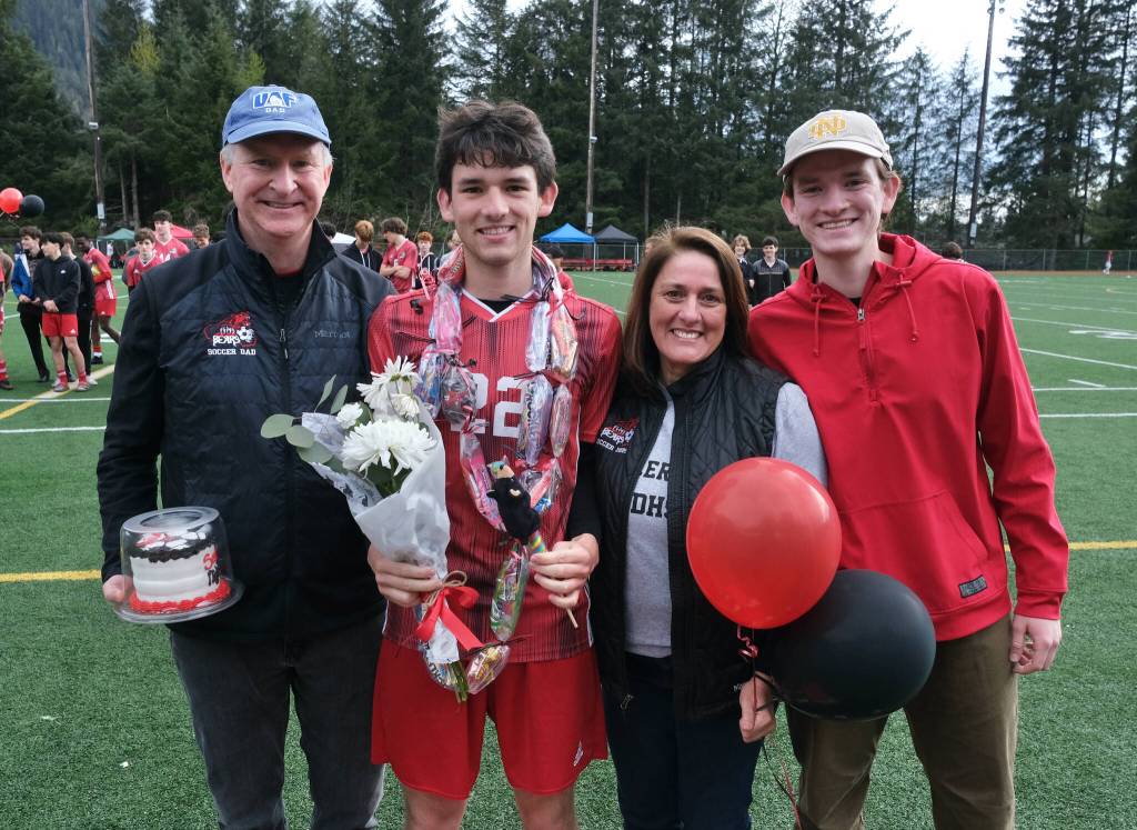 Juneau-Douglas High School: Yadaa.at Kalé senior Martin Holst and family at Adair-Kennedy pitch on Saturday. (Klas Stolpe / For the Juneau Empire)