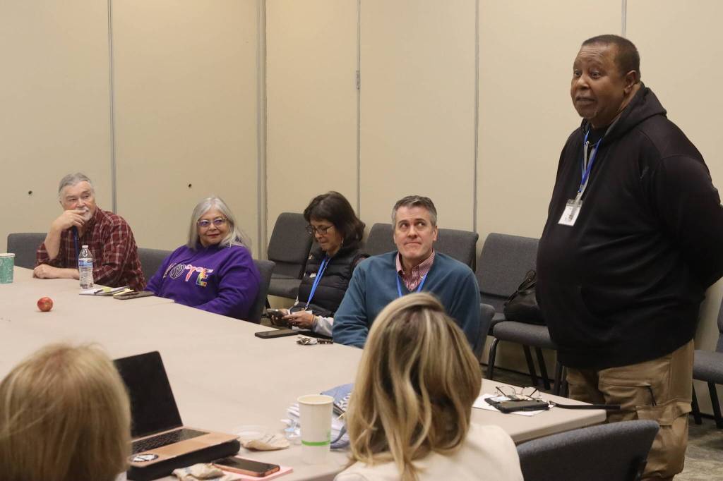 Ed Wesley, a delegate at the upcoming 2024 Democratic National Convention in Chicago, tells fellow delegates about his experiences as a protester during the 1968 convention in that city during the Alaska Democratic Partys state convention on Sunday at Elizabeth Peratrovich Hall. (Mark Sabbatini / Juneau Empire)