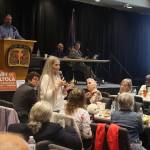 Fay Herold, a delegate at the Alaska Democratic Partys state convention, expresses concerns about a proposed change to the partys platform on Saturday at Elizabeth Peratrovich Hall. (Mark Sabbatini / Juneau Empire)