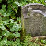 A lamb-decorated headstone lays half hidden in a cemetery section in Douglas on Monday, Aug. 13, 2018. (Michael Penn / Juneau Empire file photo)