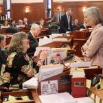 Rep. Sara Hannan (left) and Rep. Andi Story, both Juneau Democrats, talk during a break in floor debate Sunday, May 12, at the Alaska State Capitol. (Mark Sabbatini / Juneau Empire)