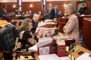 Rep. Sara Hannan (left) and Rep. Andi Story, both Juneau Democrats, talk during a break in floor debate Sunday, May 12, at the Alaska State Capitol. (Mark Sabbatini / Juneau Empire)