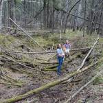Leanne Bulger stands holding her daughter Violet, 2, next to Rose, 6, within a sunken thawed-permafrost feature called a thermokarst in the boreal forest on the University of Alaska Fairbanks campus on May 22, 2024. (Photo by Ned Rozell)
