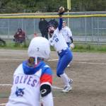 Thunder Mountain High School pitcher Jack Lovejoy catches a line-drive hit to end the Region V softball championship game against Sitka High School on Saturday at Melvin Park. (Mark Sabbatini / Juneau Empire)