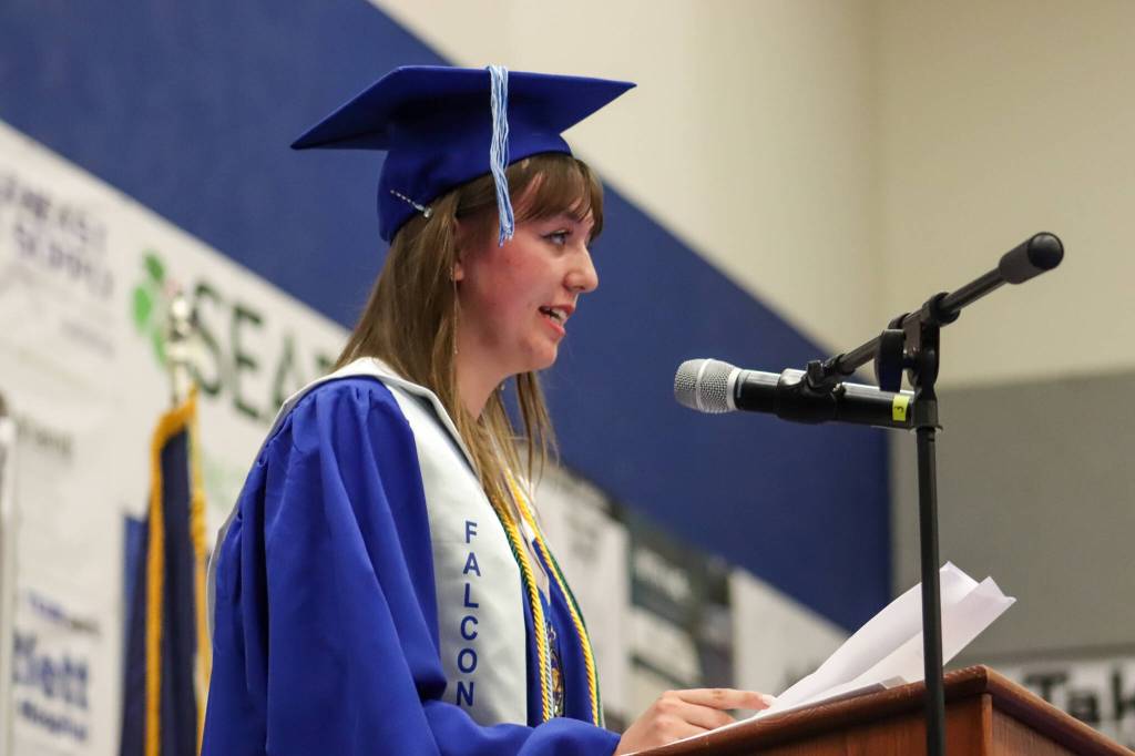 Thunder Mountain High School Valedictorian Lauren Stichert gives a speech about the resilience of her graduating class during Sundays commencement ceremony. (Jasz Garrett / Juneau Empire)