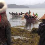 Anchorage pullers arrived at Wrangells Petroglyph Beach on May 23 for a canoe-naming ceremony. One of the canoes they will paddle to Juneau was dedicated to Wrangells Marge Byrd, Kiks.adi matriarch Shaawat Shoogoo. The canoes name is Xíxch dexí (Frog Backbone). (Becca Clark / Wrangell Sentinel)