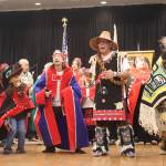 The Yaaw Tei Yi Dancers perform during a Southeast Alaska Native Veterans Memorial Day gathering at Elizabeth Peratrovich Hall on Monday. (Mark Sabbatini / Juneau Empire)
