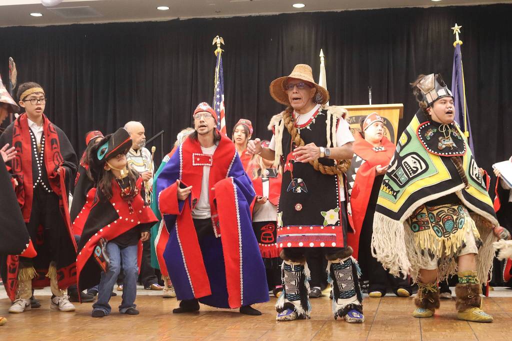 The Yaaw Tei Yi Dancers perform during a Southeast Alaska Native Veterans Memorial Day gathering at Elizabeth Peratrovich Hall on Monday. (Mark Sabbatini / Juneau Empire)