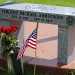 A new bench was installed and a memorial was held with Tim Armstrongs family on Thursday at Alaskan Memorial Park to recognize his service. (Jasz Garrett / Juneau Empire)