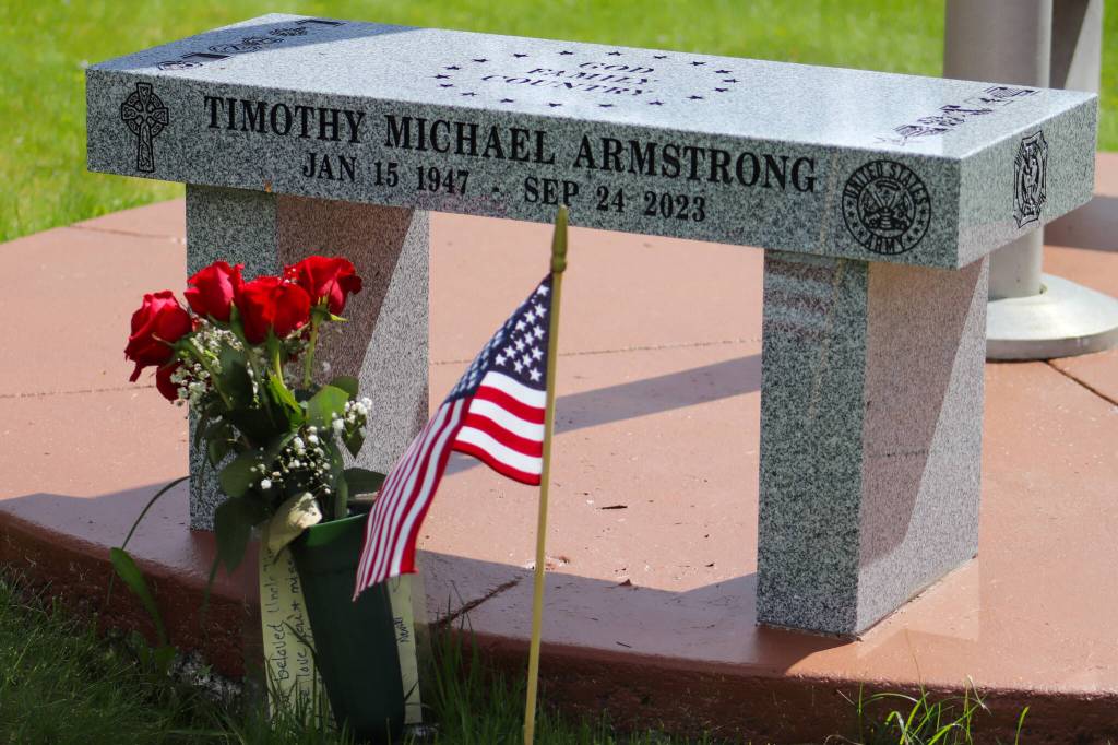A new bench was installed and a memorial was held with Tim Armstrongs family on Thursday at Alaskan Memorial Park to recognize his service. (Jasz Garrett / Juneau Empire)